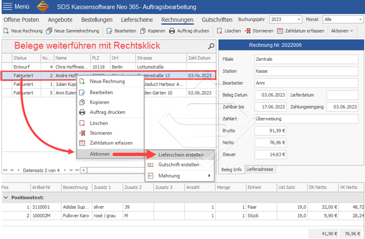 SDS Kassensoftware Neo Auftrag weiterführen