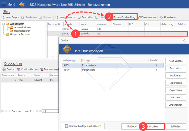 SDS Kassensoftware Neo Mitarbeiter Karten drucken