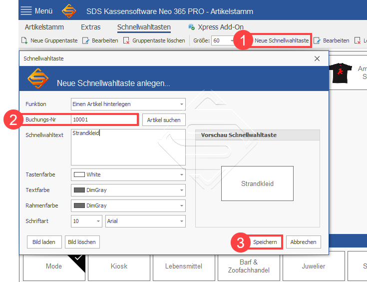 SDS Kassensoftware Neo Gemeinsame Buchungsnummer auf Schnellwahltaste legen