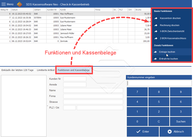 SDS Neo Funktionen und Kassenbelege aufrufen