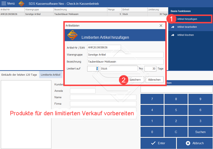 SDS Kassensoftware Neo - Produkte für den limitierten Verkauf vorbereiten