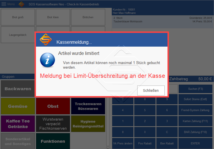 SDS Neo Meldung zu limmitierten Artikeln beim Kassieren
