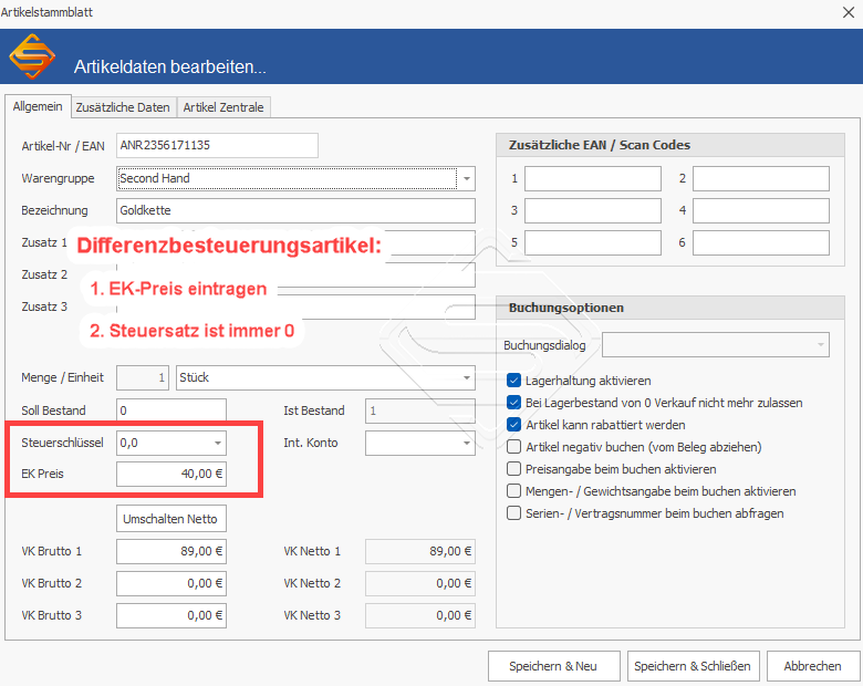 Ankaufspreis für Differenzbesteuerung im Kassensystem SDS Neo hinterlegen