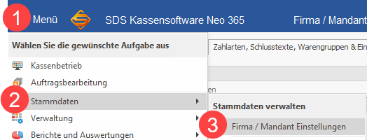 SDS Kassensoftware Neo Firma Mandant Einstellungen öffnen