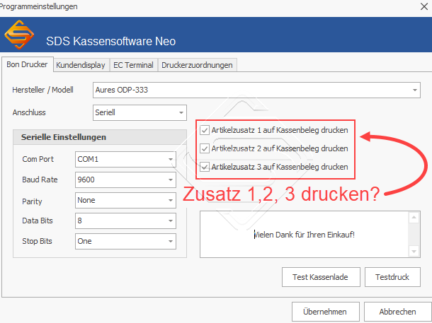 SDS Kassensoftware Neo Zusatz 1 - 3 drucken ja oder nein