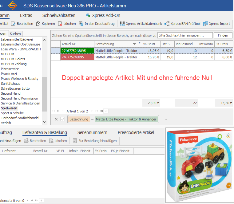 SDS Kassensoftware Neo Doppelt angelegte Artikel mit und ohne führende Null