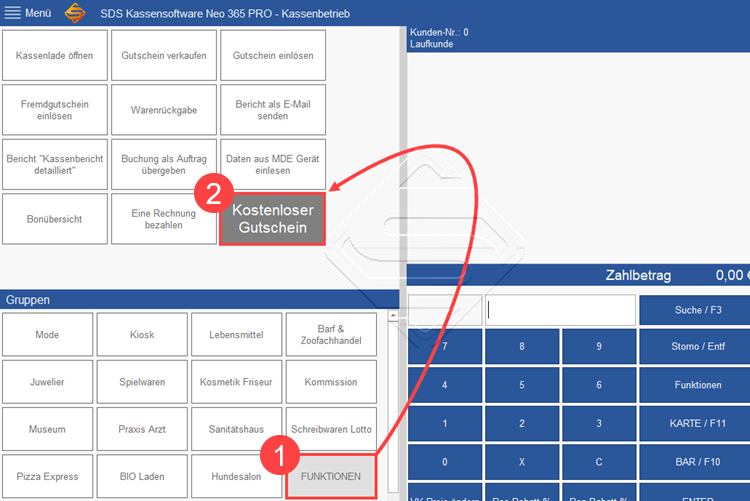 SDS Kassensoftware Neo Kostenlosen Gutschein ausgeben