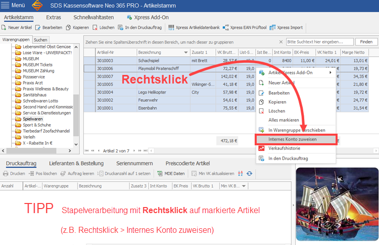 SDS Kassensoftware Neo Stapelverarbeitung mit Zuweisung eines internen Kontos für mehrere Artikel