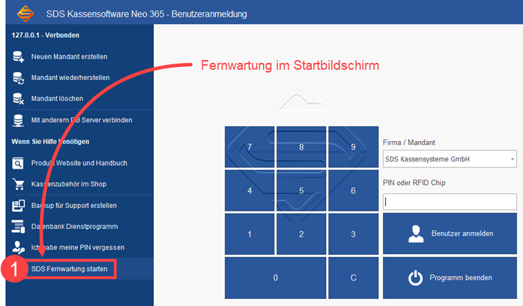 SDS Neo Fernwartung im Startbildschirm starten