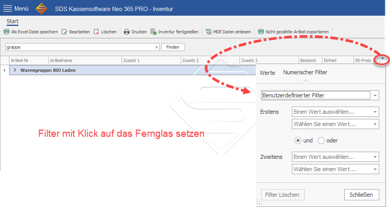SDS Neo Wie kann ich Filter während der Inventur verwenden