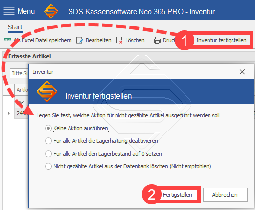 SDS Neo Inventur fertigstellen und nicht gezählte Artikel behandeln