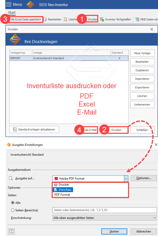 Ausgabemöglichkeiten der Inventurliste als Druck, PDF, Excel oder E-Mail