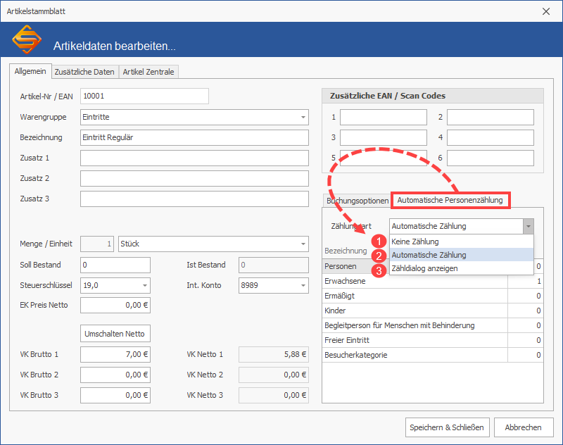 SDS Neo mit Zählungsoptionen im Artikelstammblatt