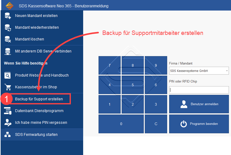 SDS Neo Backup für Support erstellen