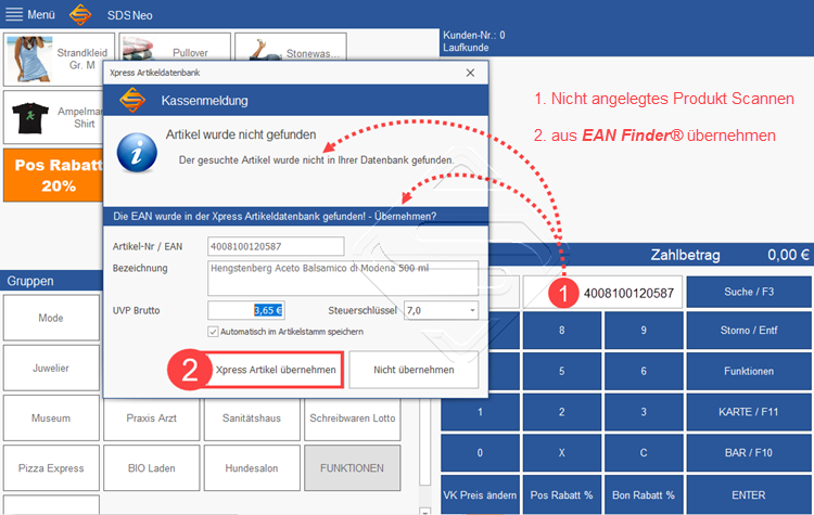 SDS Neo nicht angelegte Artikel mit EAN Finder kassieren